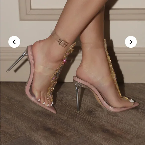 Fashion Nova Clear Heels with Gold and Multicolor Embellishments - Picture 2 of 5